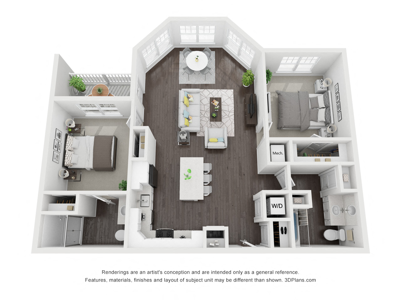 Floor plan for 2 beds, 2 baths, 1088 sqft